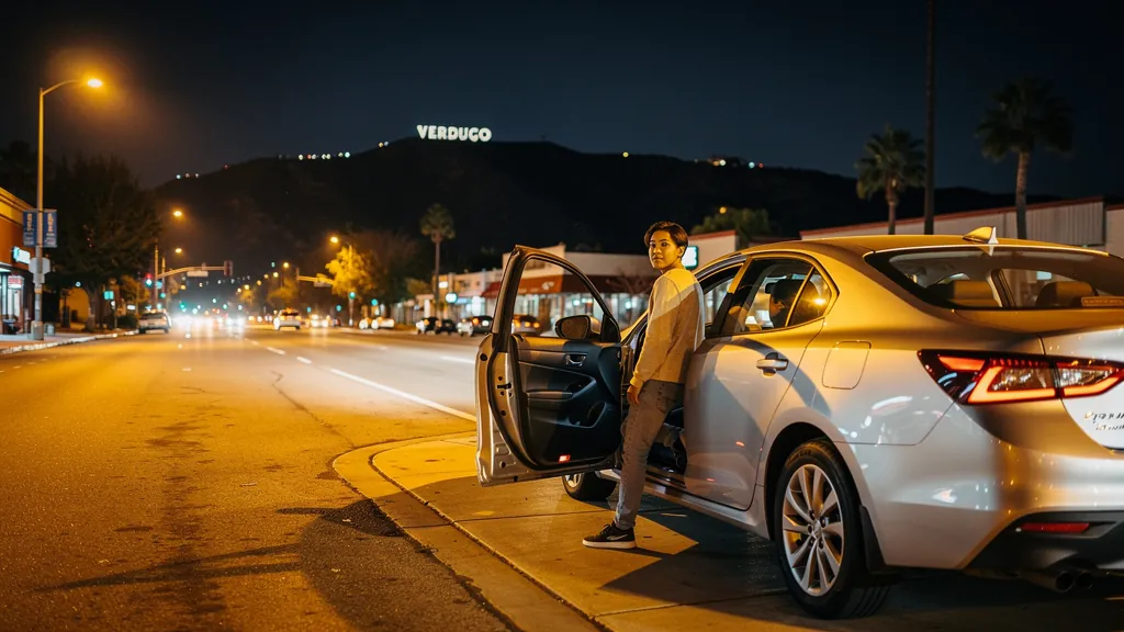Passenger leaving a rideshare car at night in Glendale