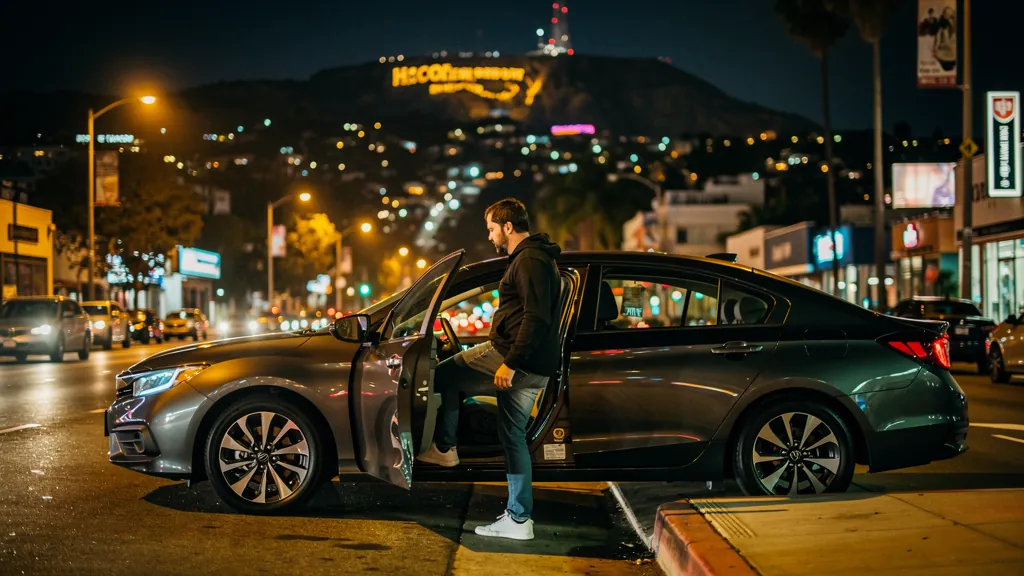 Passenger leaving a rideshare car at night in Hollywood
