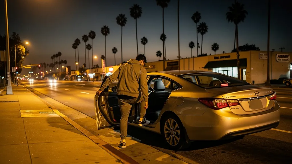 Passenger leaving a rideshare car at night in Inglewood