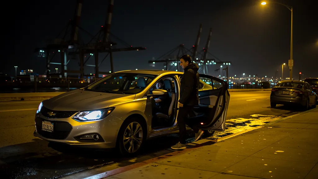 Passenger leaving a rideshare car at night in Long Beach