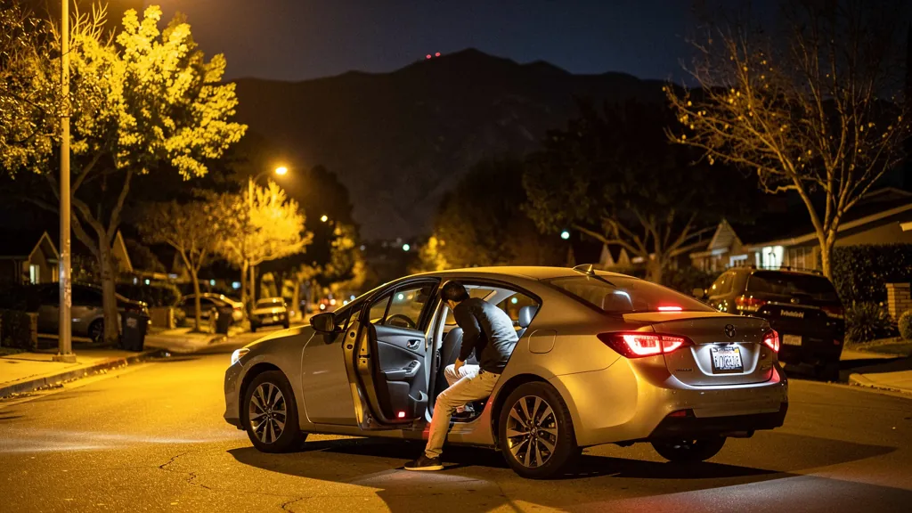 Passenger leaving a rideshare car at night in Pasadena