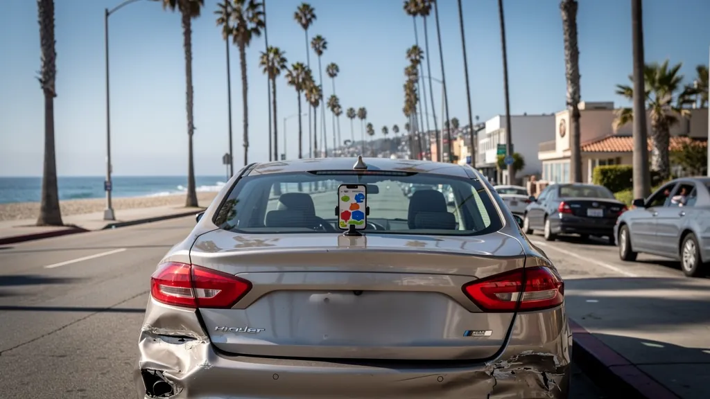 Rideshare car with rear-end damage in Santa Monica