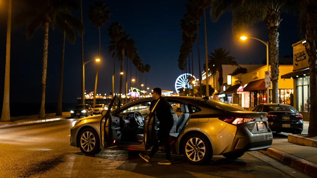 Passenger leaving a rideshare car at night in Santa Monica