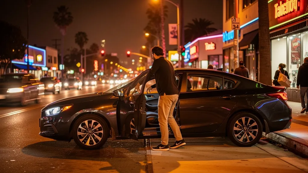 Passenger leaving a rideshare car at night in Sherman Oaks