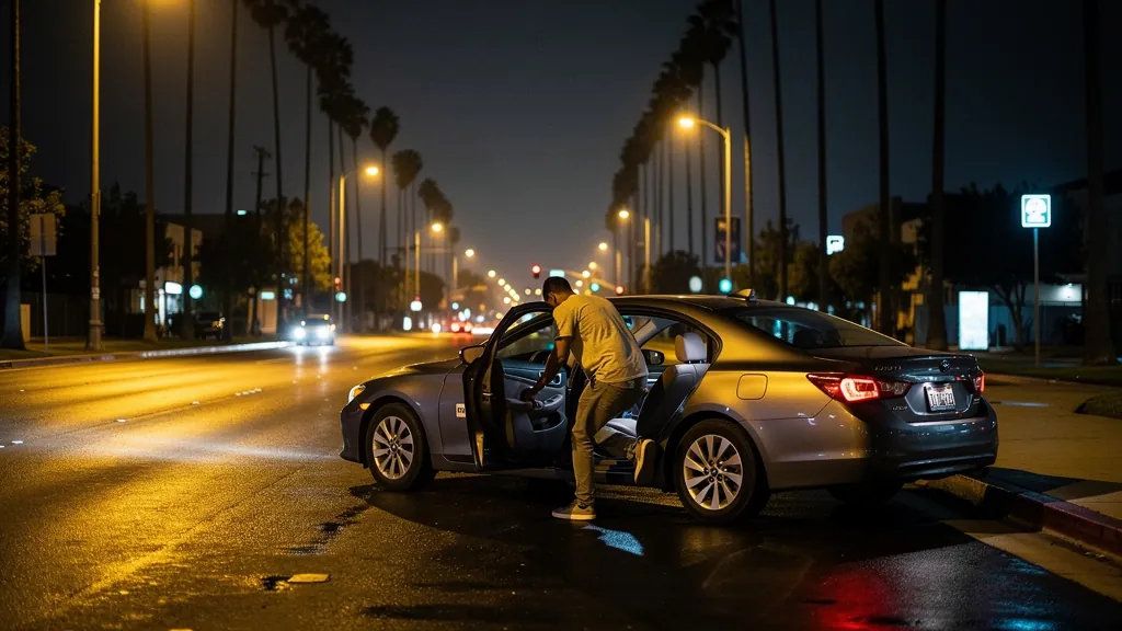 Passenger leaving a rideshare car at night in Torrance