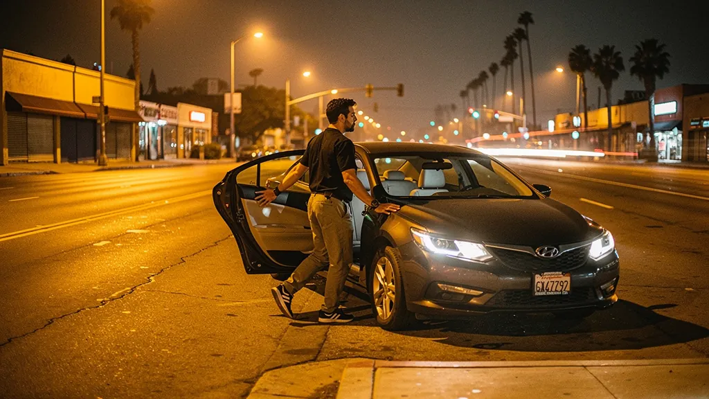 Passenger leaving a rideshare car at night in Van Nuys