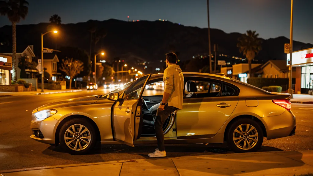 Passenger leaving a rideshare car at night in Woodland Hills