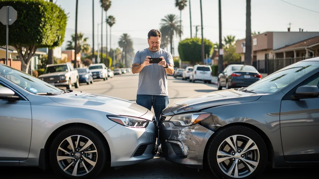 Driver photographing car damage after a crash